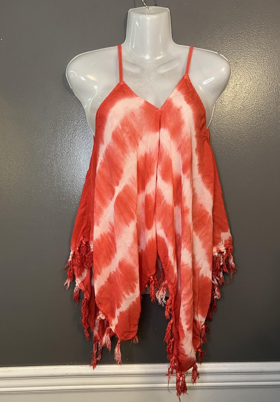 Mimi Shirt Womens Large Red White Tie Dye Cami Tassel Fringe Handkerchief Boho
